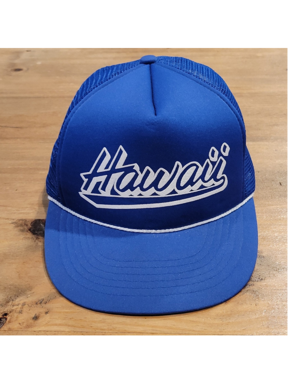 Vintage Hawaii Trucker Hat Cap Spell Out Tail Sweep Mesh Foam Rope 90s 80s Blue